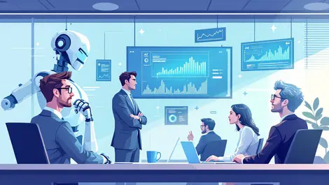 Australian corporate office executives thoughtful cautious around ai robot arm digital graphs