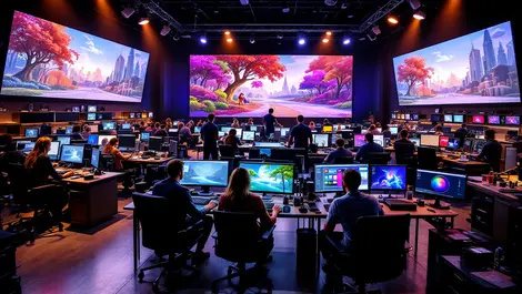 Modern animation studio american artists digital rendering powerful computers high tech