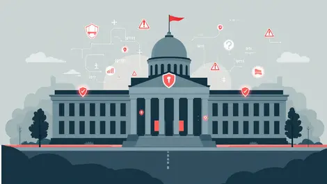 Modern government building cybersecurity binary code shield warning icons us state local governments