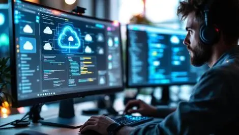 Developer analyzing cloud diagrams code flow charts modern workspace