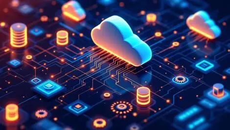 Digital illustration interconnected data streams cloud servers database icons glowing data points automation efficiency real time connectivity