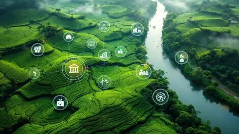 Aerial view assam lush green tea gardens brahmaputra tech energy retail hospitality