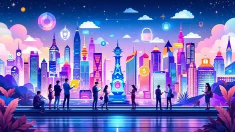 Futuristic asian cityscape people using contactless payments digital wallets icons ai blockchain fintech secure transactions