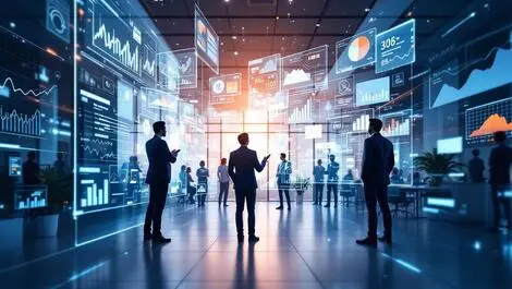 Sleek office professionals transparent digital screens ai driven data access