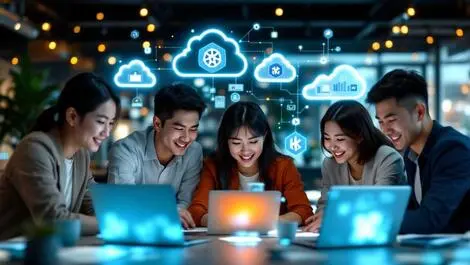 Professional asian team collaborating laptops digital devices cloud kubernetes icons tech advancement asia