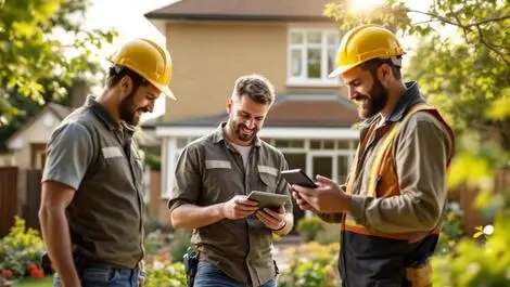 Modern british suburban home tradespeople using digital tools outdoors summer london