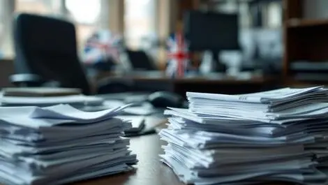 Office desk with overdue invoices unpaid bills british flag background financial backlog government bureaucracy
