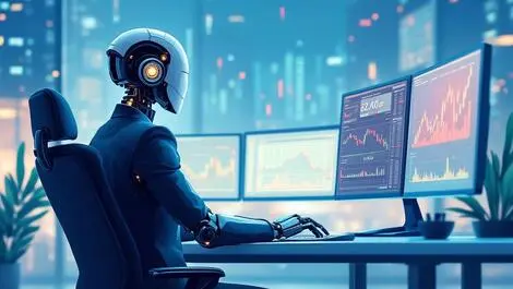 Digital robot banker in suit at trading desk with multiple monitors displaying financial graphs