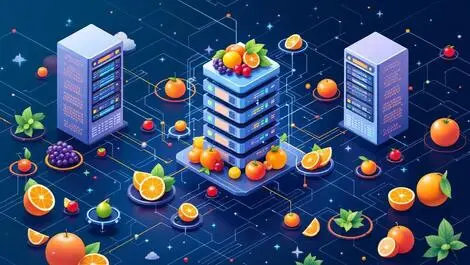 Interconnected data servers fruits grapes oranges seamless data flow global fruit ops