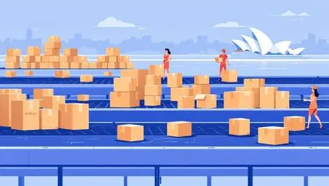 Efficient shipping logistics parcels on conveyor belts with sydney opera house