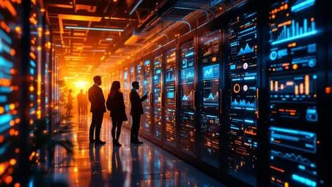 Realistic glowing server room interconnected cables data analytics collaboration ai it management