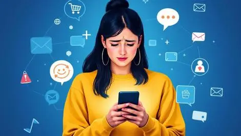 Uk shopper frustrated using smartphone with disconnected digital icons