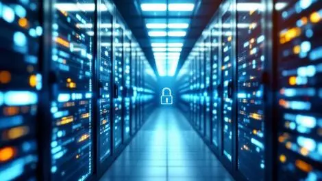 Secure data center rows of server racks soft illumination digital locks