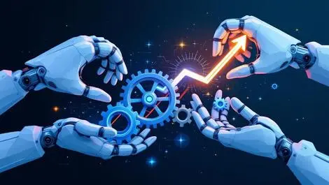 Robotic hands assembling gears cogs glowing upward arrow automation tech growth
