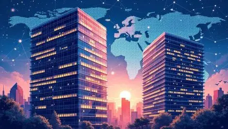 Corporate buildings merging business acquisition global network international