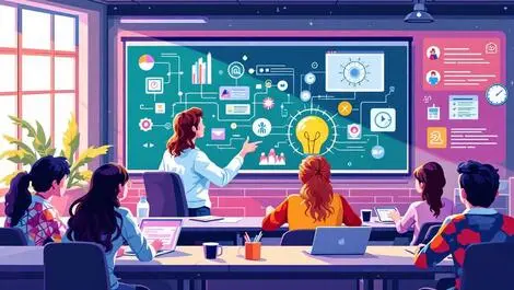 Uk university classroom teacher using laptop ai icons learning technology education