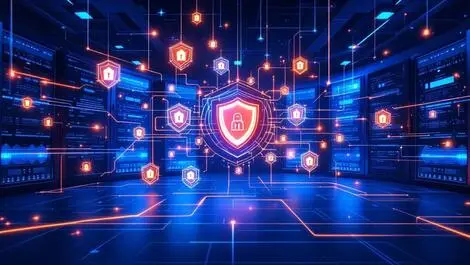 Secure server room glowing shields digital data privacy protection