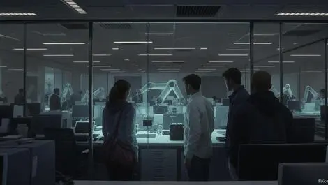 Worried young british adults looking at empty office desks robotic arm job automation