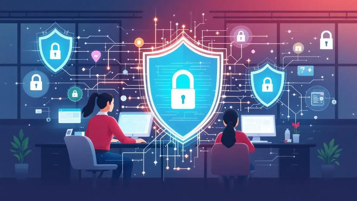 Office workers computers digital shields locks teamwork vigilance modern workplace