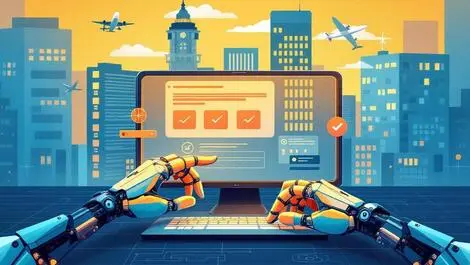 Robotic hands computer airplanes hotel buildings automated online travel bookings