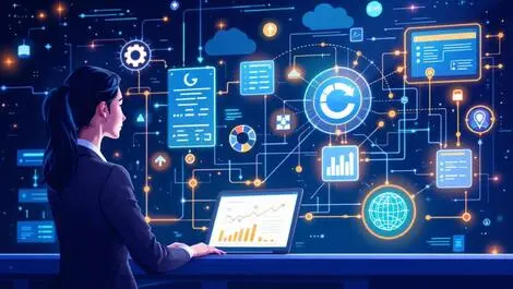 Businesswoman analyzing interconnected data streams explainable ai business analytics