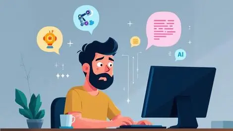 Software developer cautious with ai icons robotic arms code snippets