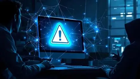 Realistic computer screen warning symbol digital spiderwebs shadowy figures cyber threats dark office