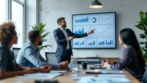 Professional office meeting finance executive presenting growth charts collaboration