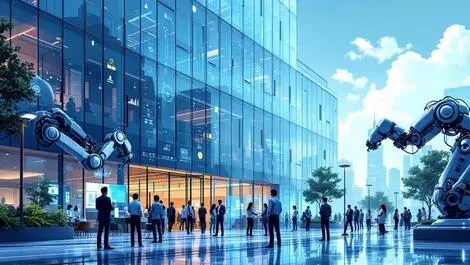 Australian office building robotic arms digital interfaces businesspeople automation ai