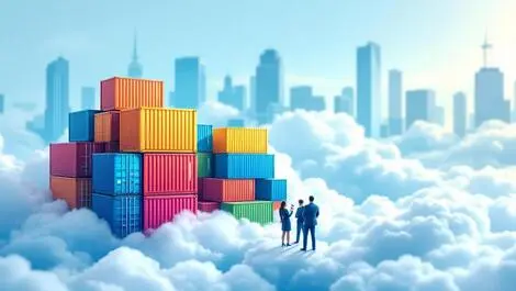 Colorful shipping container stacks on digital cloud with business professionals cityscape