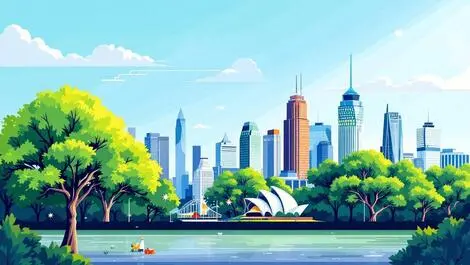Australian city skyline green trees digital dashboard climate data