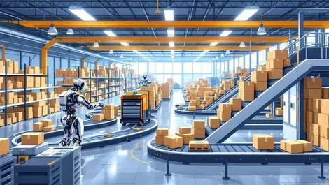 Detailed illustration modern warehouse robots ai powered machines sorting packages