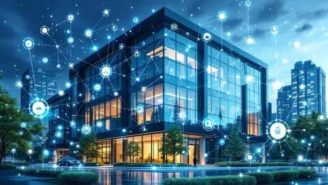 Modern office building digital nodes data streams automation predictive analytics tech