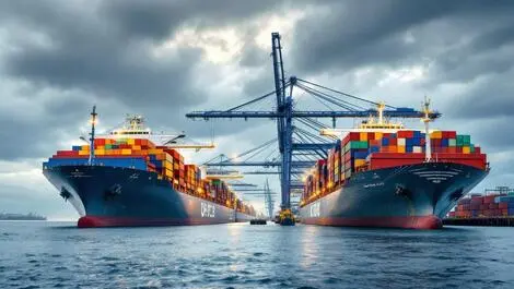 Large cargo ships shipping containers arriving busy uk port cranes