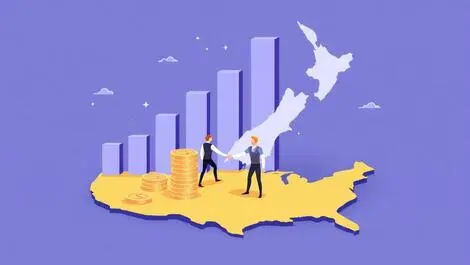 Financial growth chart ascending bars coins hands shaking nz us map