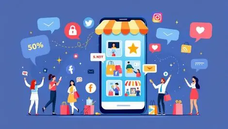 Vibrant smartphone shopping icons people cheerful bags social media