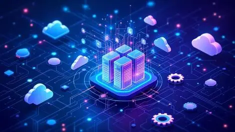 Interconnected computer servers cloud icons data streams network cables gears