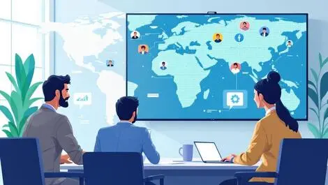 Multinational businesspeople video conference global communication digital world map