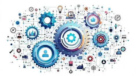 Detailed illustration interconnected gears abstract flowcharts automated business processes central node orchestration seamless workflow