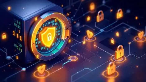 Secure digital vault binary code shield icons glowing locks data protection cybersecurity enterprise platforms