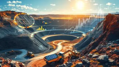 Australia open pit coal mine with digital data graphs machinery solar panels