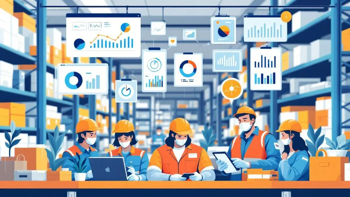 Frontline workers using android devices charts analytics retail warehouse