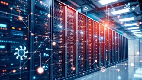 Modern data centre interior server racks cooling fans sensors analytics