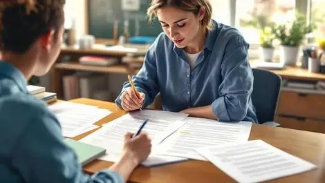 Teacher reviewing printed essays with highlighted sections in classroom desk ai detection symbol