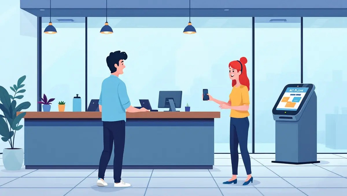 Australian bank branch interior human teller helping customer ai kiosk