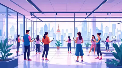 Modern fitness club digital tablets computer screens asia pacific metropolitan