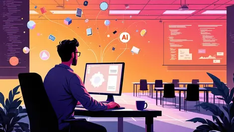Software developer using computer ai assistance abstract shapes classroom background