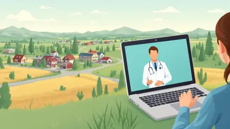 Rural alberta landscape small town laptop virtual medical consultation