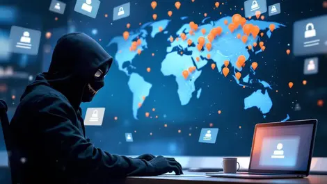 Masked cybercriminal at computer global online phishing operations