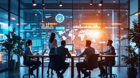 Modern office business professionals collaborating ai data visualizations